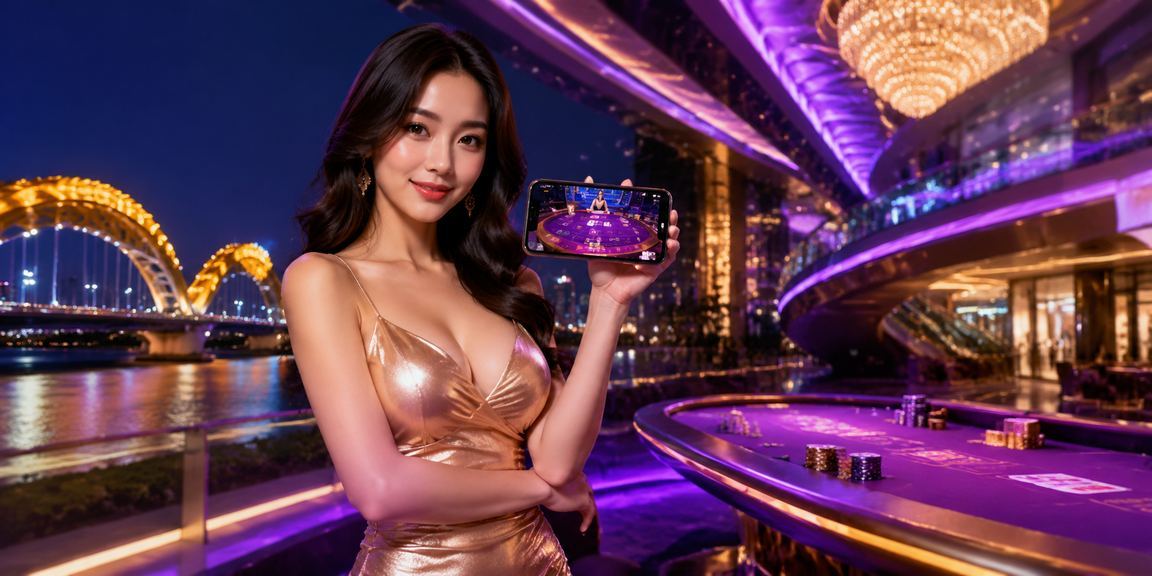 Bàn baccarat neon sáng rực tại sòng bài Đà Nẵng về đêm