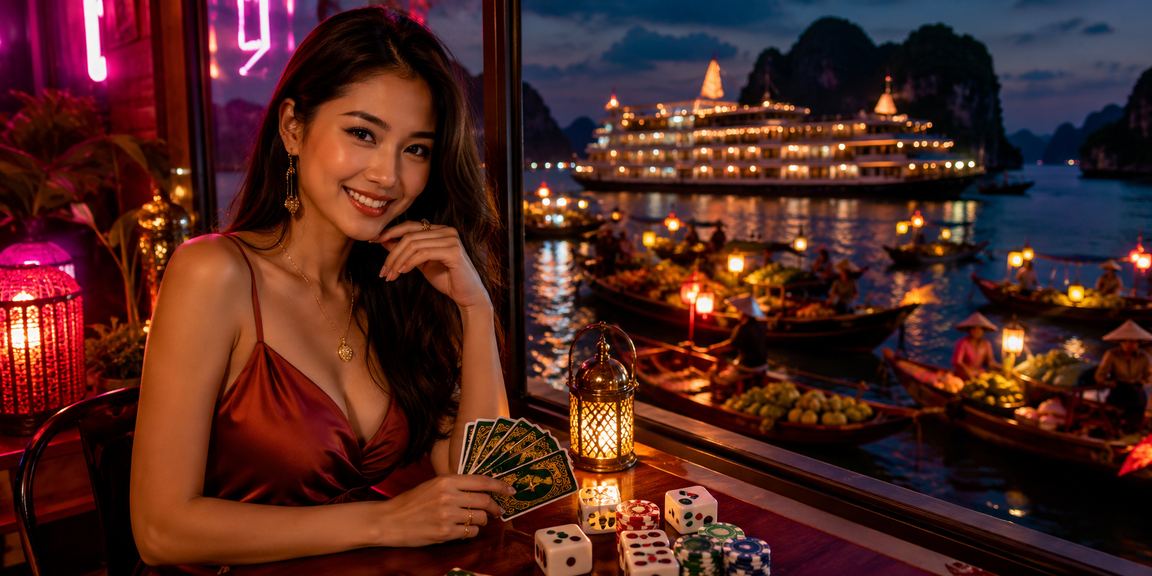 Bàn cờ bài cạnh tách cà phê với cảnh vịnh Hạ Long nền sau, biểu tượng cho game bài trực tuyến Việt Nam