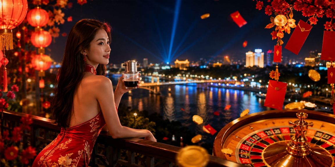Bàn roulette phong cách Huế kết hợp với cà phê Việt Nam truyền thống, biểu tượng live casino trực tuyến